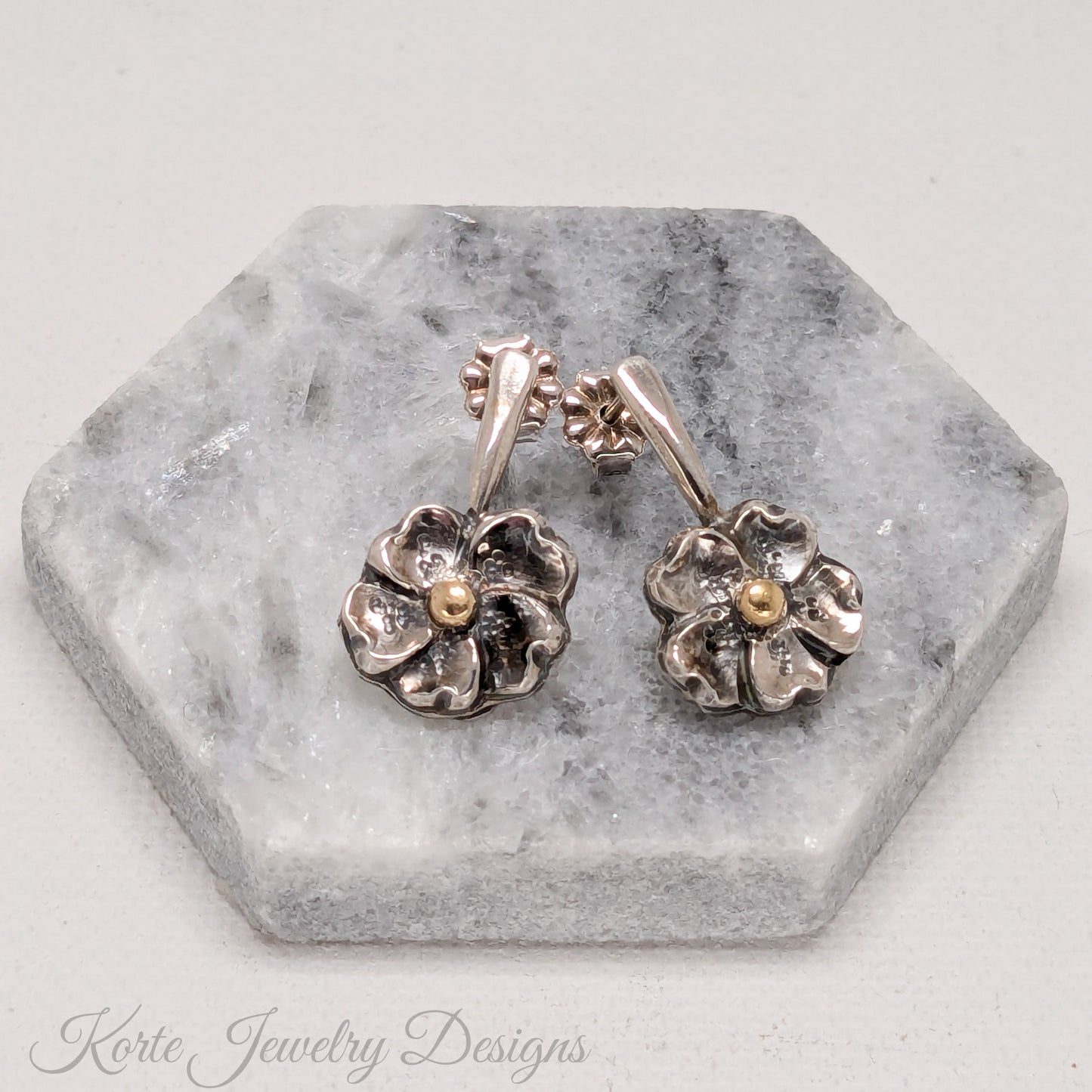 Flower on Stem Earrings with Gold