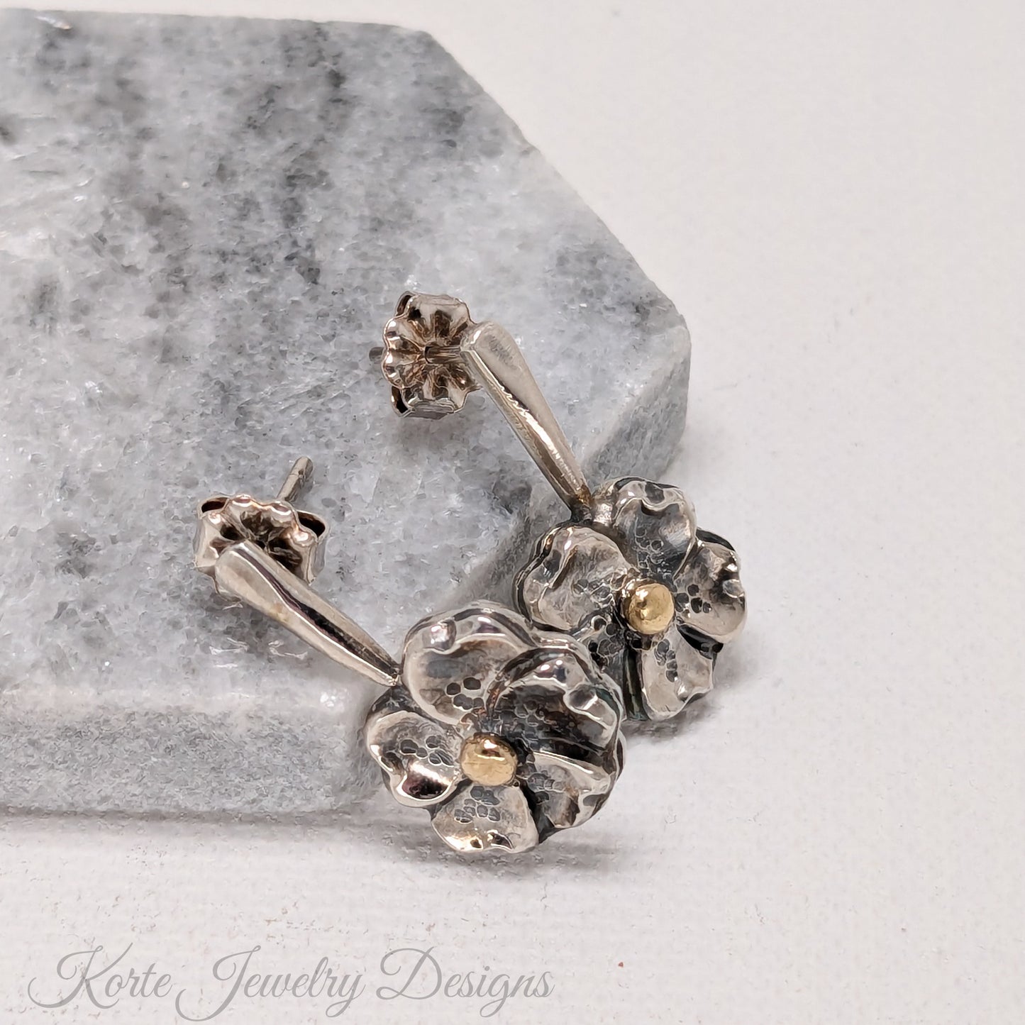 Flower on Stem Earrings with Gold