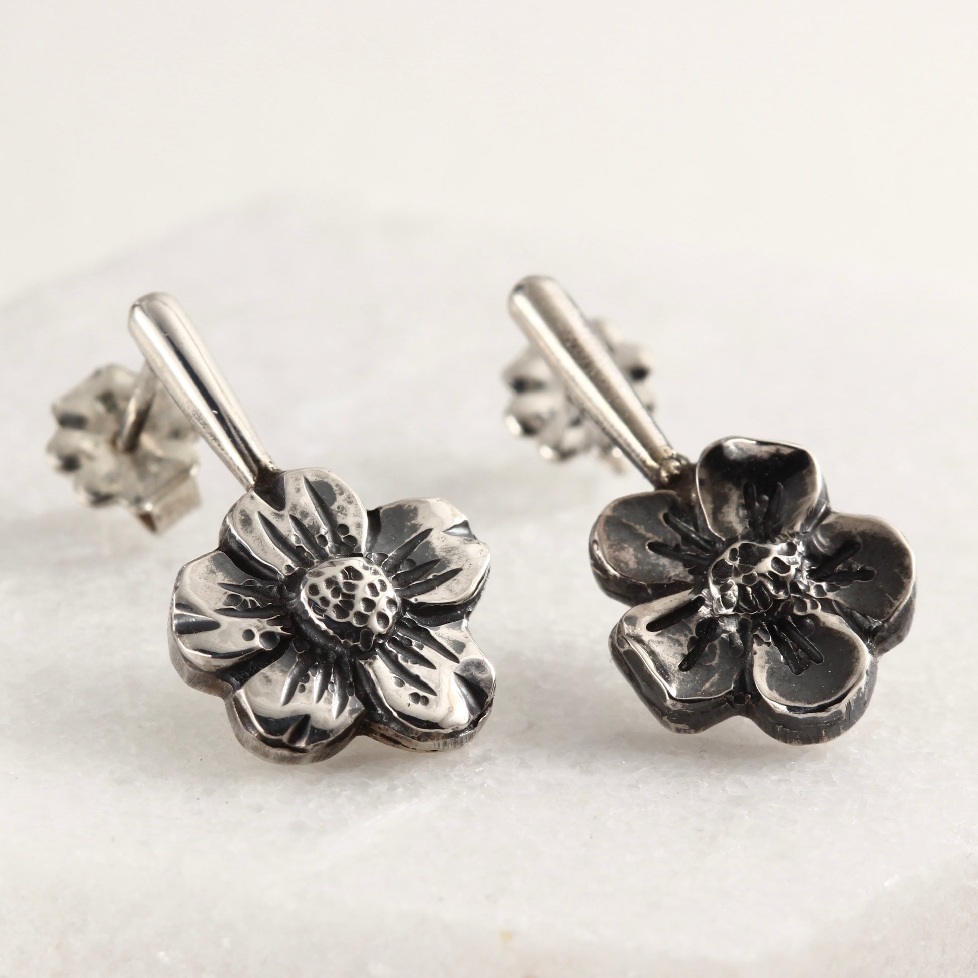 Wild Bloom Drop Earrings in sterling silver, handcrafted floral earrings
