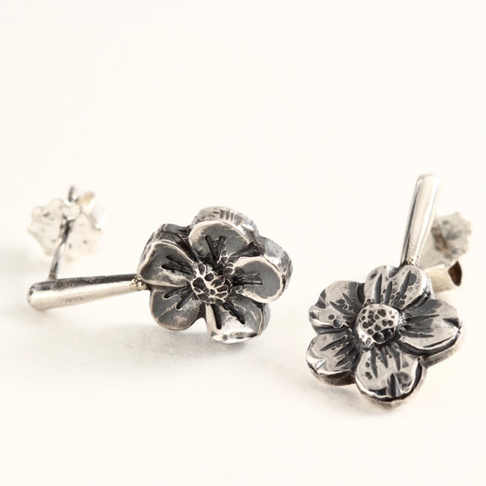 Wild Bloom Drop Earrings in sterling silver, handcrafted floral earrings, on white background