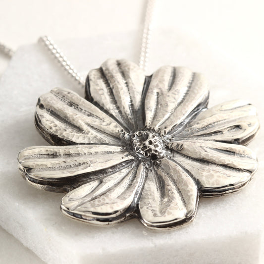 Wild Radiance Cosmos Pendant in sterling silver, handcrafted flower necklace